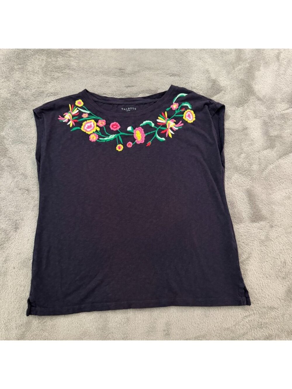 Talbots Navy Blue Cap Sleeve Embroidered Shirt Blouse Top Large Petite LP
